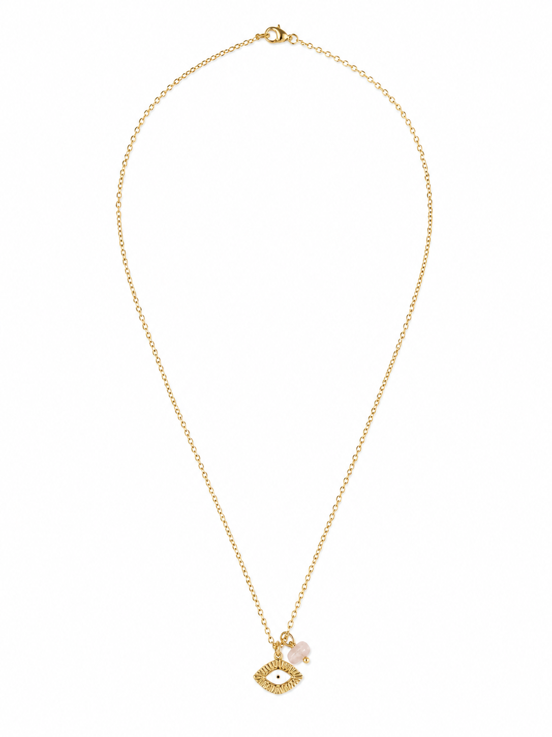 Golden Eye Necklace – Ατσάλινο Κολιέ με Στοιχείο Μάτι & Ροζ Χαλαζία