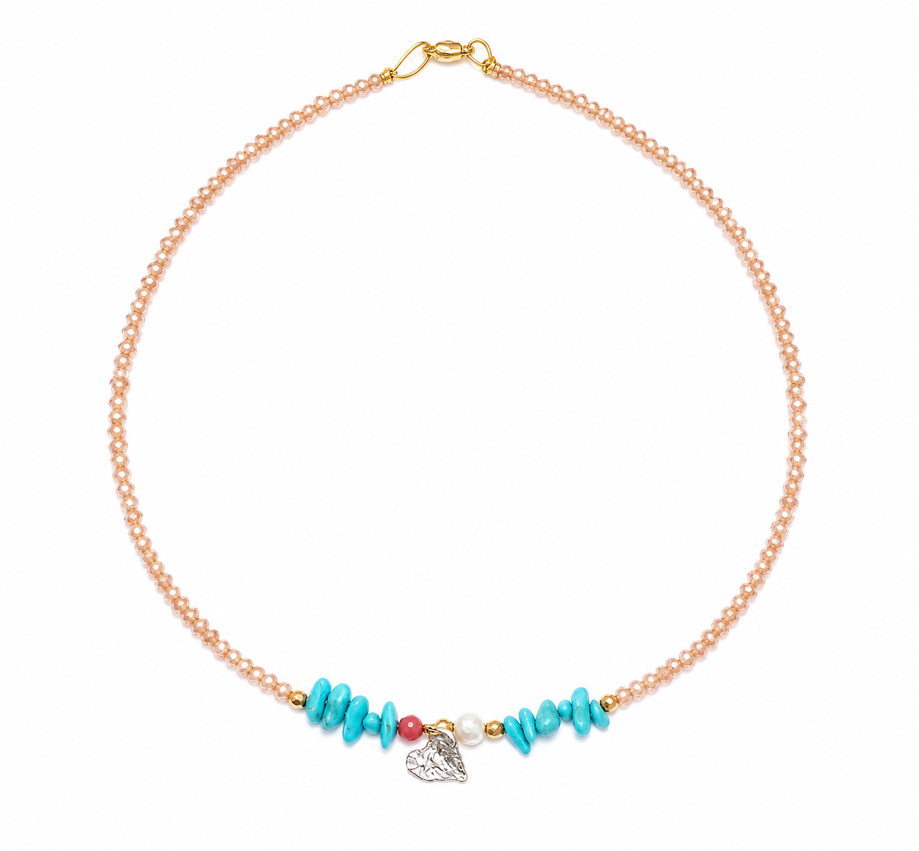 Summer Heart Necklace – Χειροποίητο Κολιέ με Τυρκουάζ, Κοράλλι & Καρδιά από Ασήμι 925
