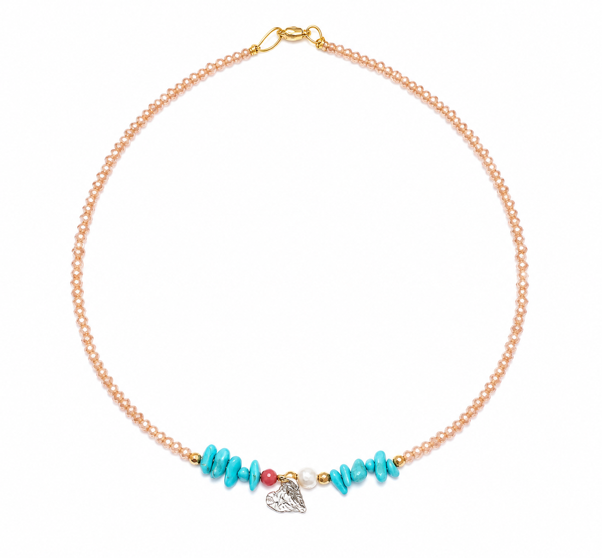 Summer Heart Necklace – Χειροποίητο Κολιέ με Τυρκουάζ, Κοράλλι & Καρδιά από Ασήμι 925
