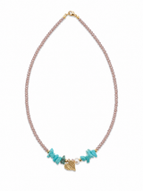 Turquoise Breeze – Χειροποίητο Κολιέ με Ροζ Κρυσταλλάκια, Τυρκουάζ, Φυσικό Μαργαριτάρι & Επιχρυσωμένη Καρδιά από Ασήμι 925