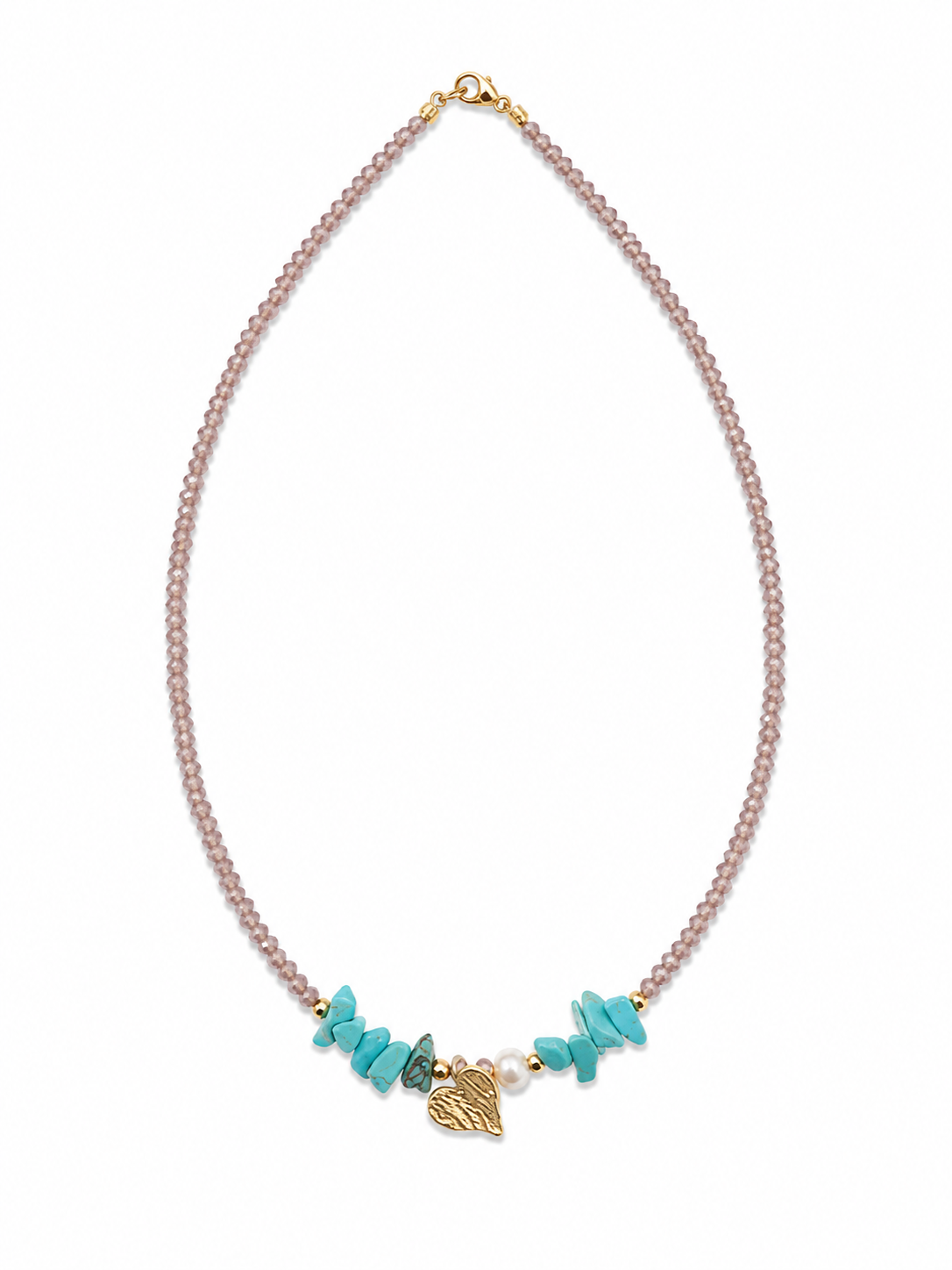 Turquoise Breeze – Χειροποίητο Κολιέ με Ροζ Κρυσταλλάκια, Τυρκουάζ, Φυσικό Μαργαριτάρι & Επιχρυσωμένη Καρδιά από Ασήμι 925