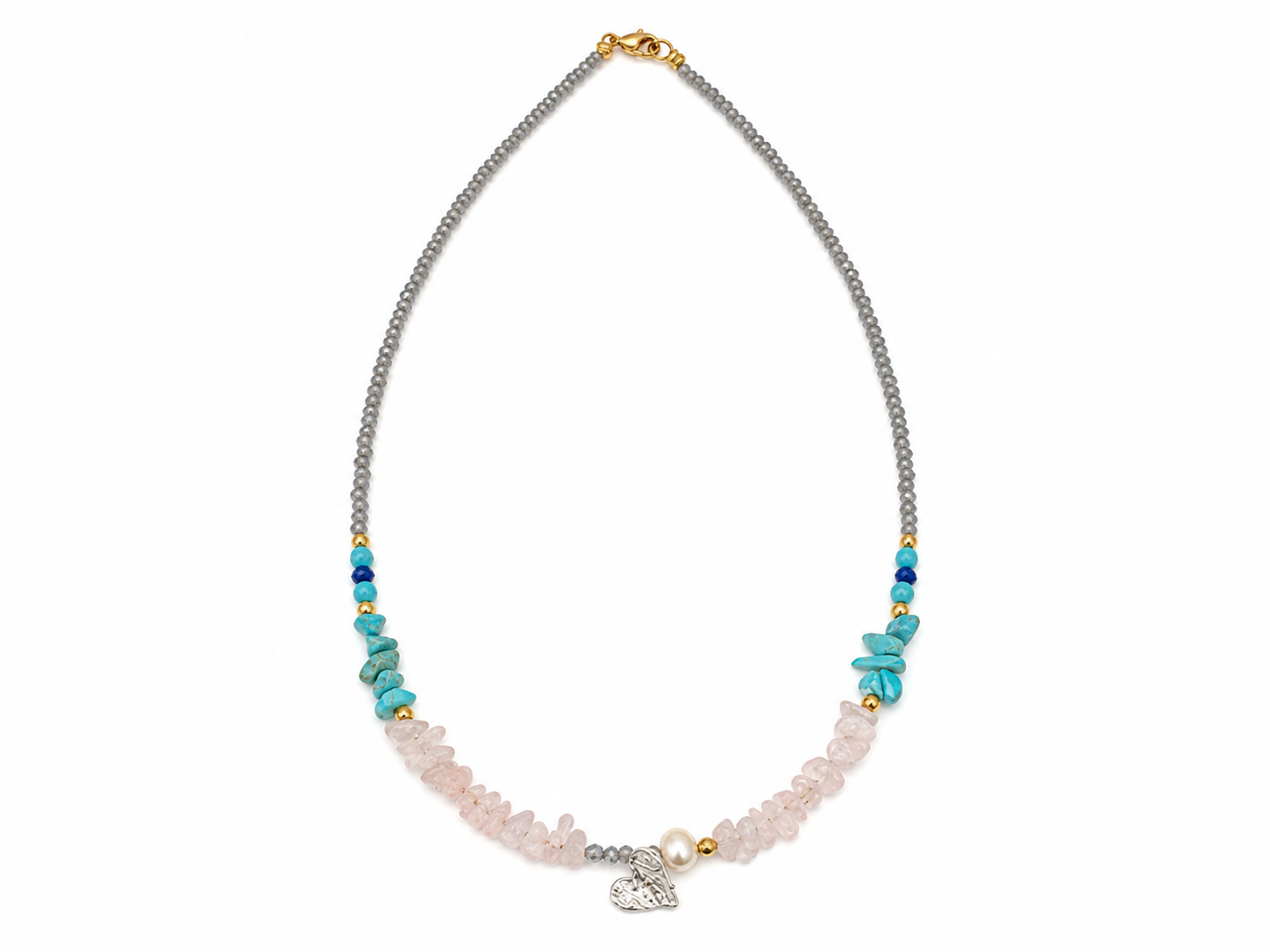 Pastel Harmony – Χειροποίητο Κολιέ με Γκρι Κρυσταλλάκια, Ροζ Χαλαζία, Τυρκουάζ & Καρδιά από Ασήμι 925