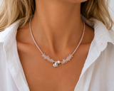 Rose Crystal Heart – Χειροποίητο Κολιέ με Ροζ Κρυσταλλάκια, Χαλαζία, Φυσικό Μαργαριτάρι & Καρδιά από Ασήμι 925