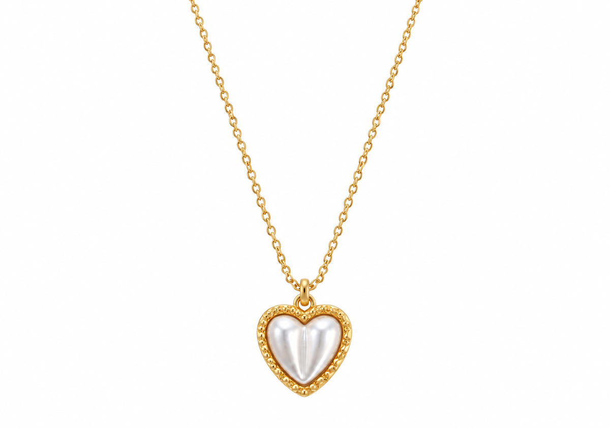 ✨ Golden Pearl Heart – Ατσάλινο Κολιέ Καρδιά