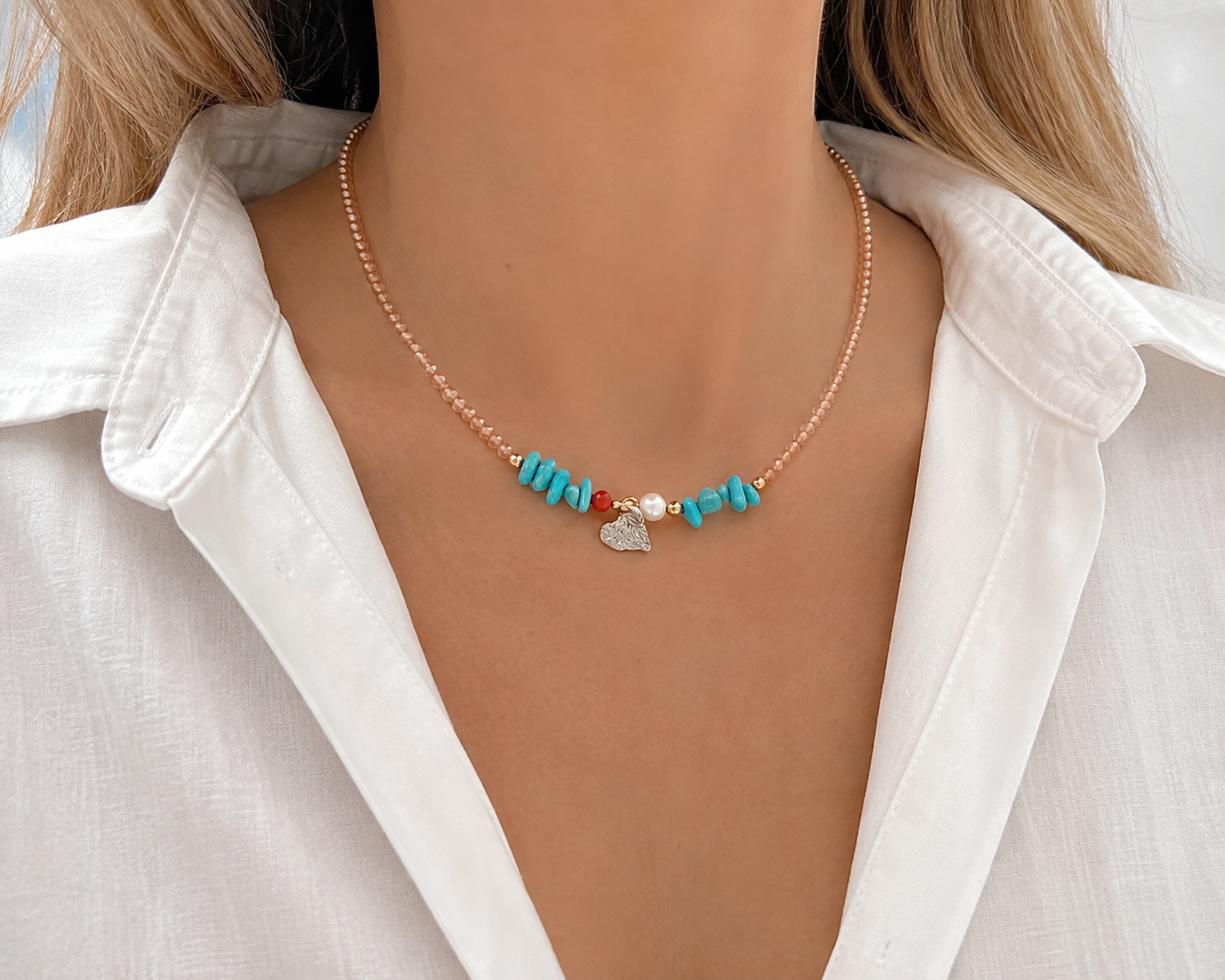 Summer Heart Necklace – Χειροποίητο Κολιέ με Τυρκουάζ, Κοράλλι & Καρδιά από Ασήμι 925