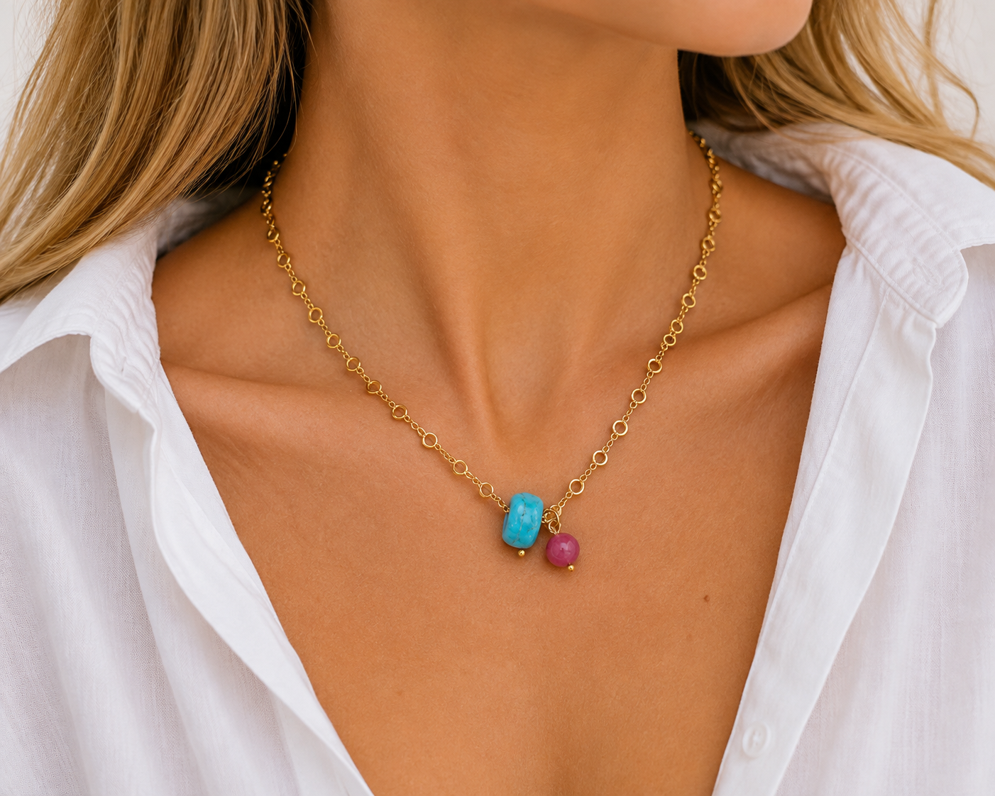 Summer Steel Chain – Ατσάλινο Κολιέ με Τυρκουάζ & Φούξια Αχάτη