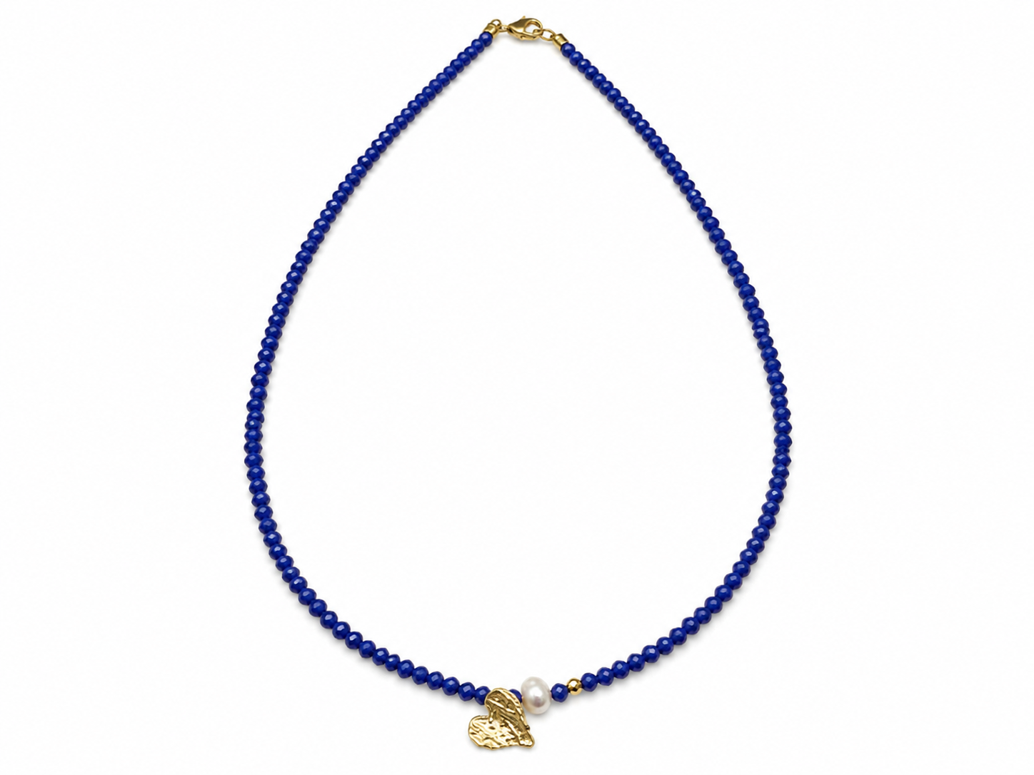 Blue Elegance – Χειροποίητο Κολιέ με Μπλε Κρυσταλλάκια, Μαργαριτάρι & Καρδιά από Επιχρυσωμένο Ασήμι 925