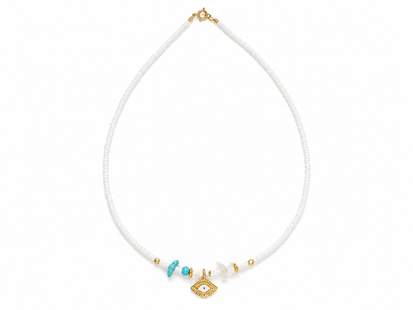 Turquoise Eye Summer Necklace – Χειροποίητο Κολιέ με Τιρκουάζ, Χαλαζία & Στοιχείο Μάτι