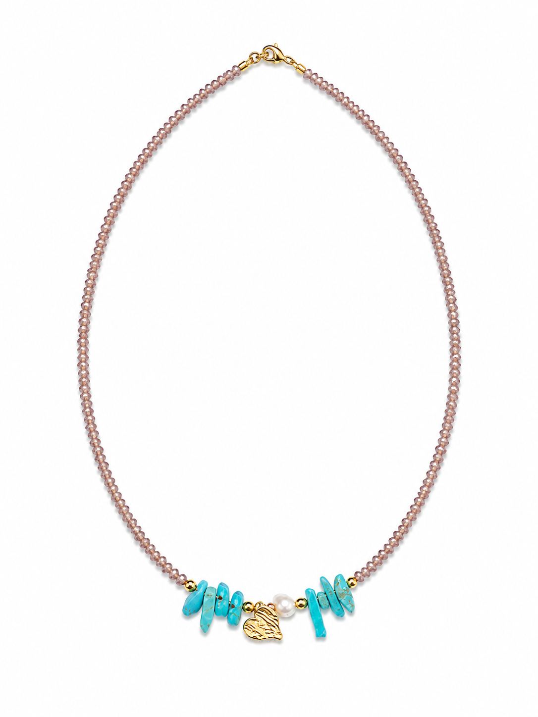 Turquoise Breeze – Χειροποίητο Κολιέ με Ροζ Κρυσταλλάκια, Τυρκουάζ, Φυσικό Μαργαριτάρι & Επιχρυσωμένη Καρδιά από Ασήμι 925
