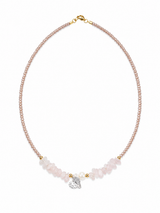 Rose Crystal Heart – Χειροποίητο Κολιέ με Ροζ Κρυσταλλάκια, Χαλαζία, Φυσικό Μαργαριτάρι & Καρδιά από Ασήμι 925